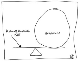 A hand-drawn graphic of a balance with a tiny pebble labelled "A dumb political idea" and the other with a huge mass labelled "Economics" by Clinton Askew